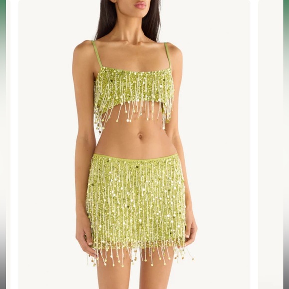 Yasmin Hand Beaded Bralette and Mini Skirt - Chartreuse - Picture 1 of 7